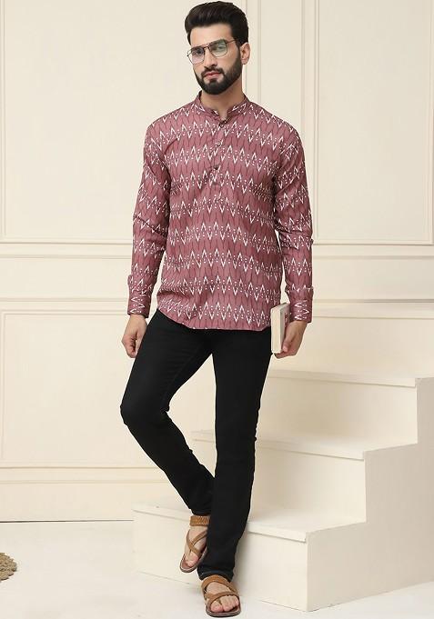 Brown Ethnic Motifs Poly Blend Kurta For Men