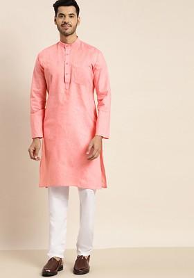 Pink Solid Poly Blend Kurta For Men