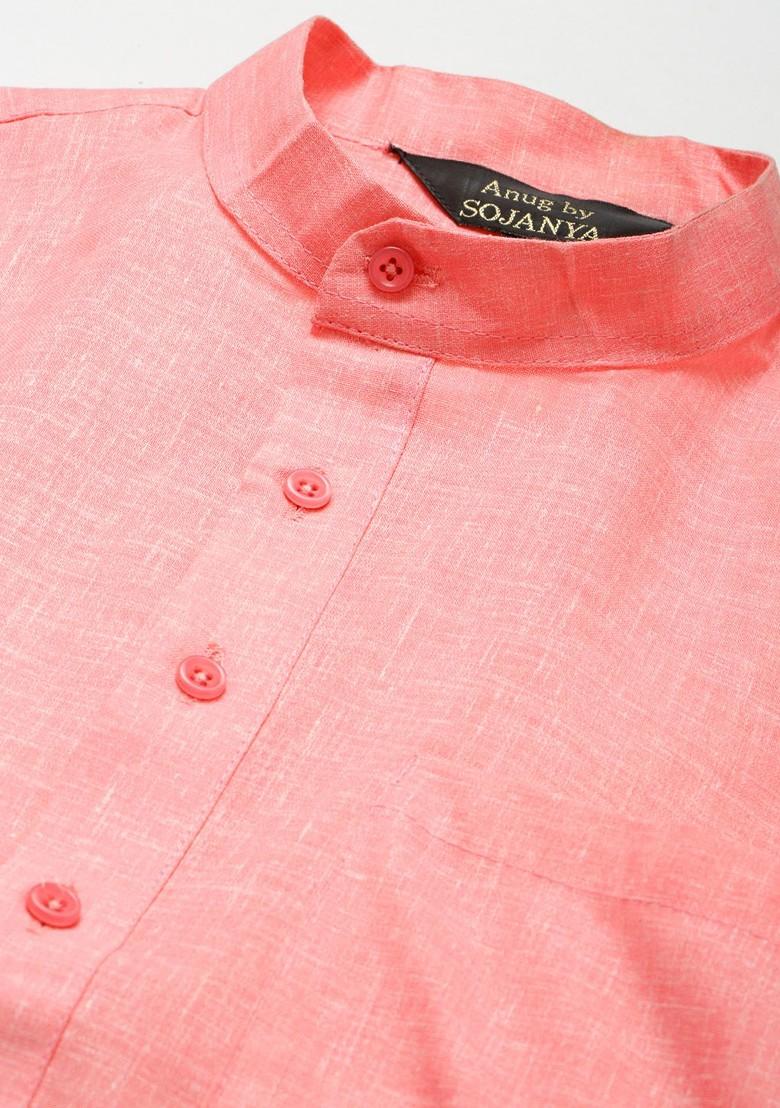 Pink Solid Poly Blend Kurta For Men