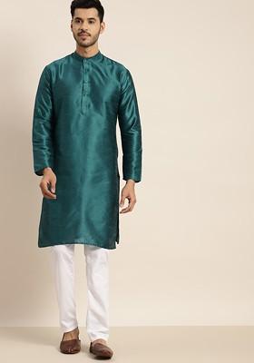 Green Solid Poly Blend Kurta For Men