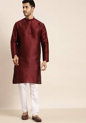 Maroon Solid Poly Blend Kurta For Men