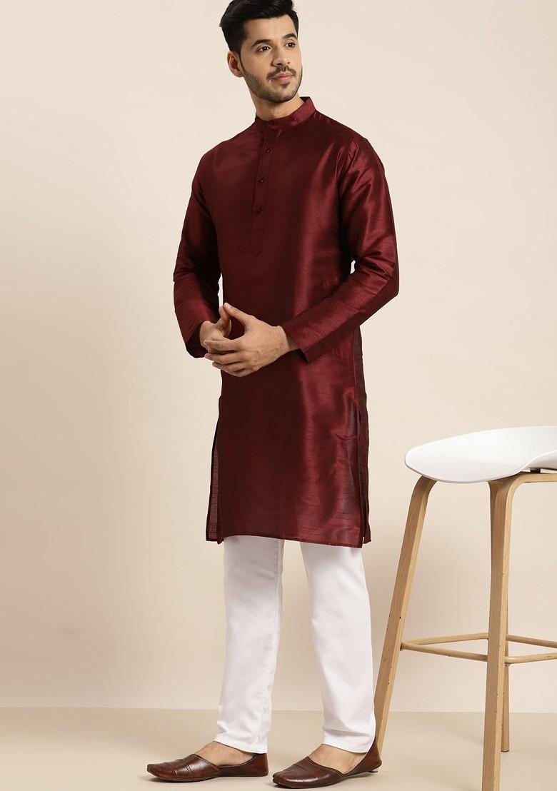 Maroon Solid Poly Blend Kurta For Men