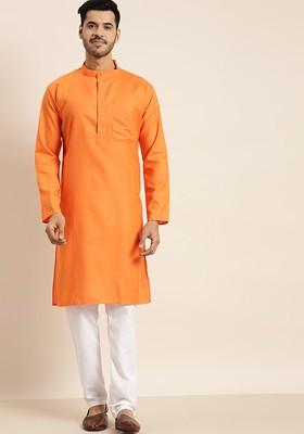 Orange Solid Poly Blend Kurta For Men
