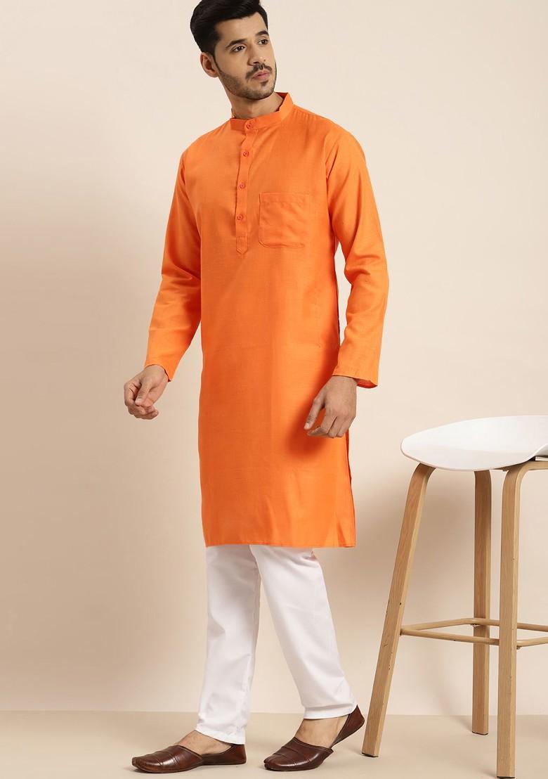 Orange Solid Poly Blend Kurta For Men