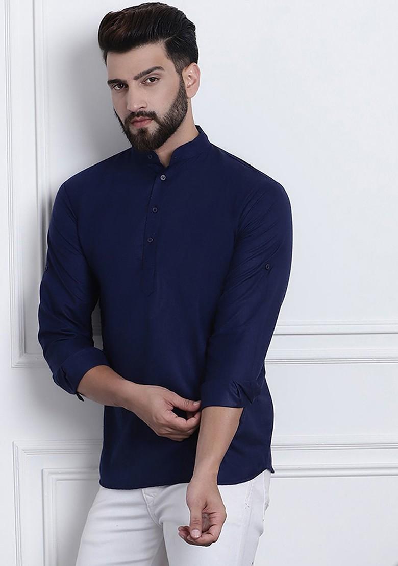 Navy Blue Solid Poly Blend Kurta For Men