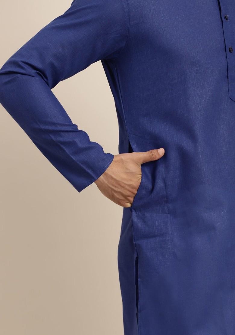 Blue Solid Poly Blend Kurta For Men