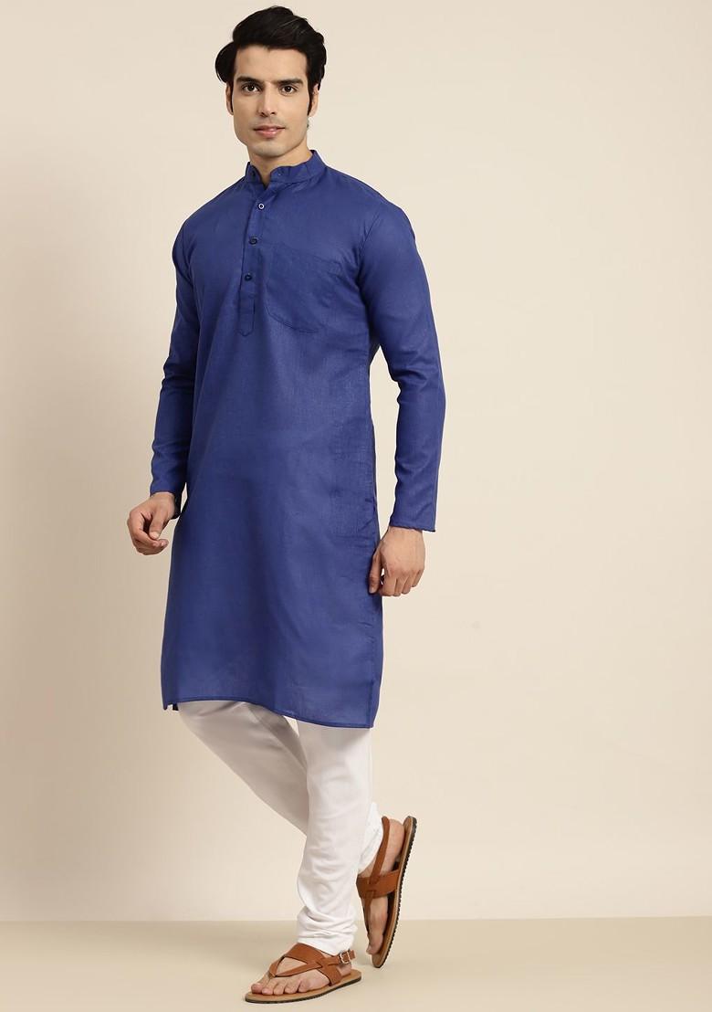 Blue Solid Poly Blend Kurta For Men