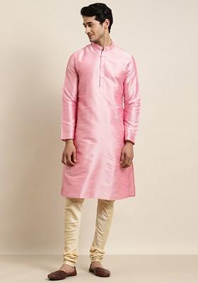 Pink Solid Poly Blend Kurta For Men