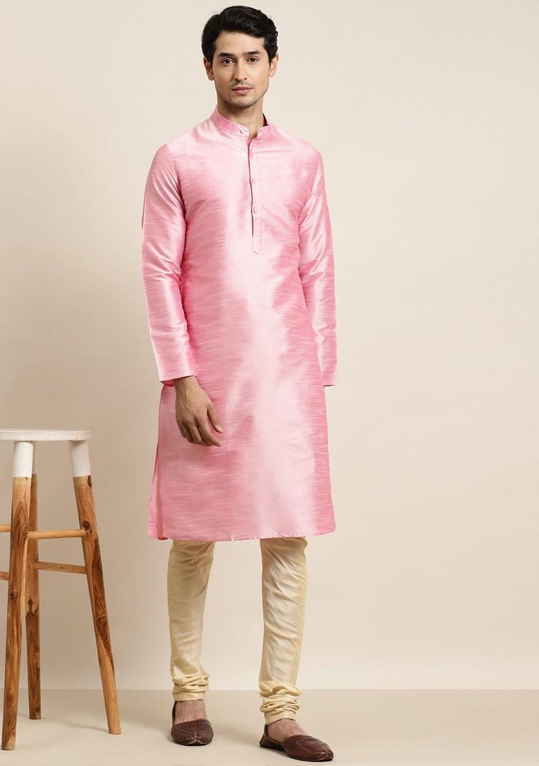 Pink Solid Poly Blend Kurta For Men