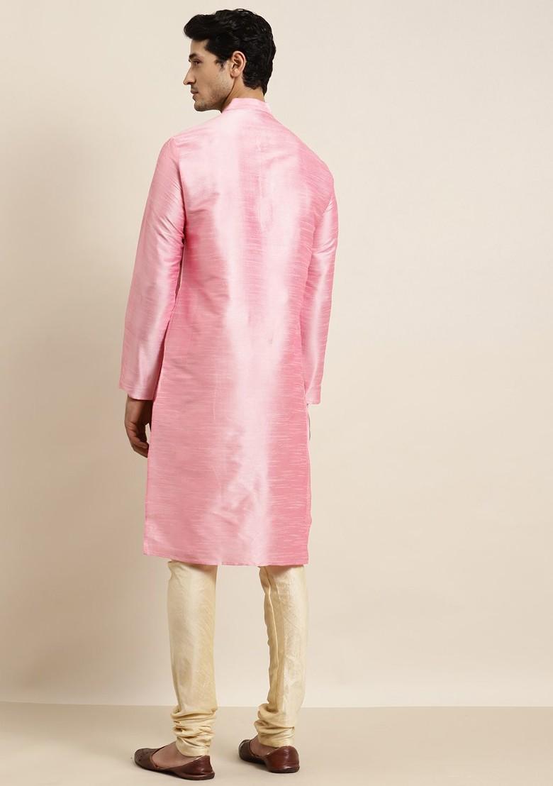 Pink Solid Poly Blend Kurta For Men