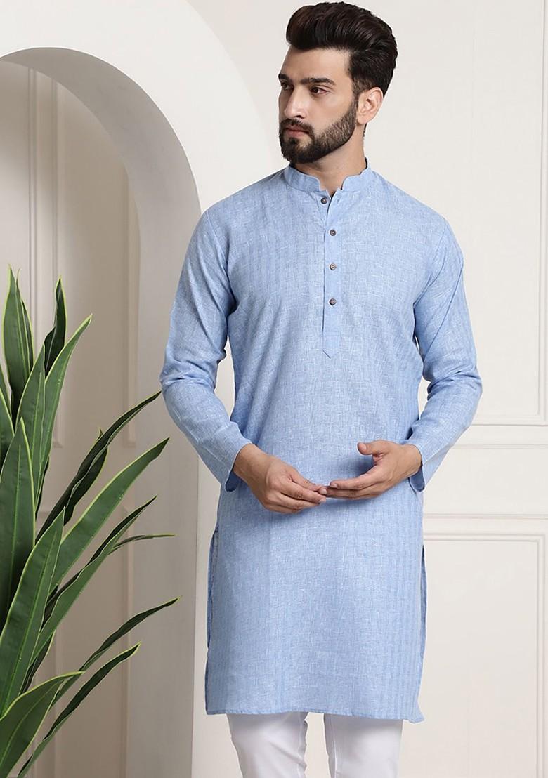 Blue Solid Poly Blend Kurta For Men