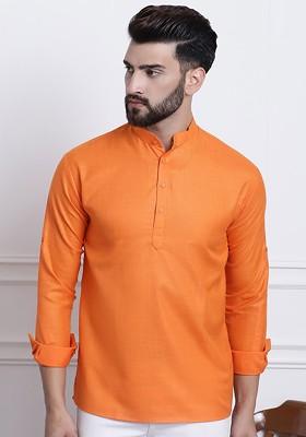 Orange Solid Poly Blend Kurta For Men