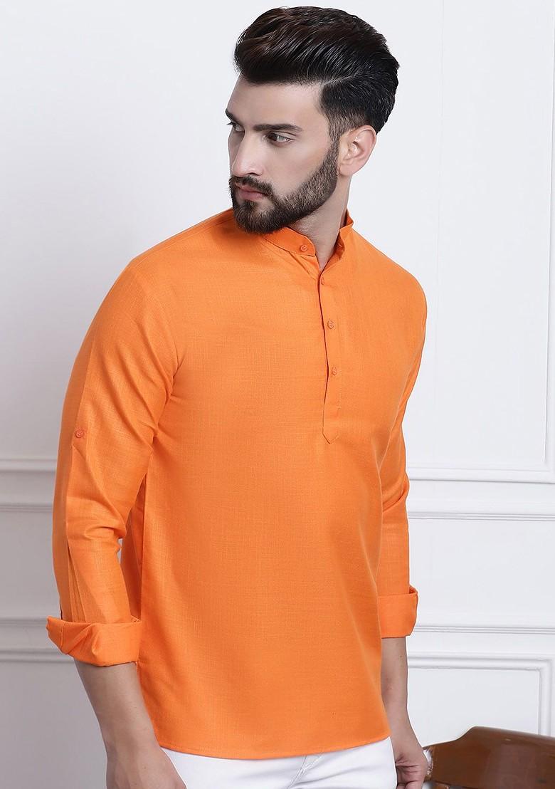 Orange Solid Poly Blend Kurta For Men