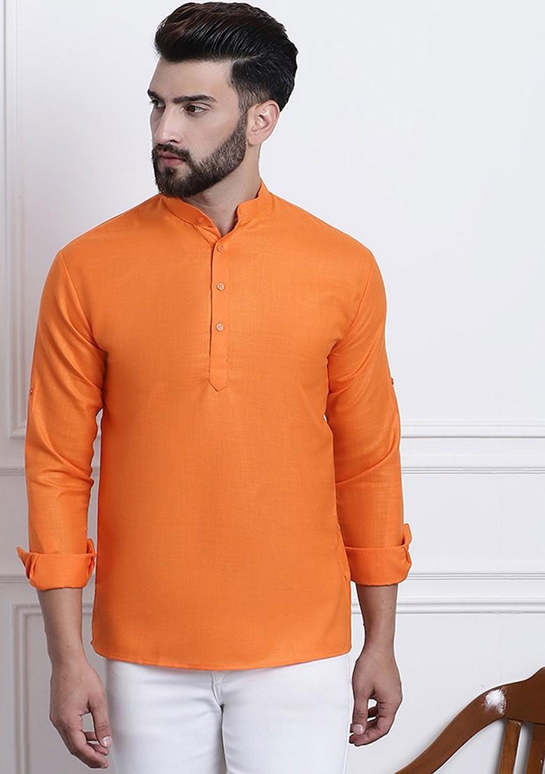 Orange Solid Poly Blend Kurta For Men