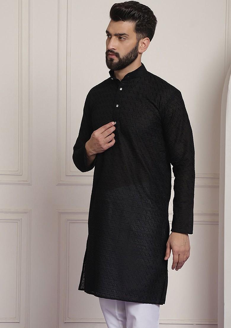Black Thread Work Cotton Kurta For Men