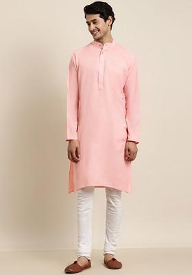 Pink Solid Poly Blend Kurta For Men