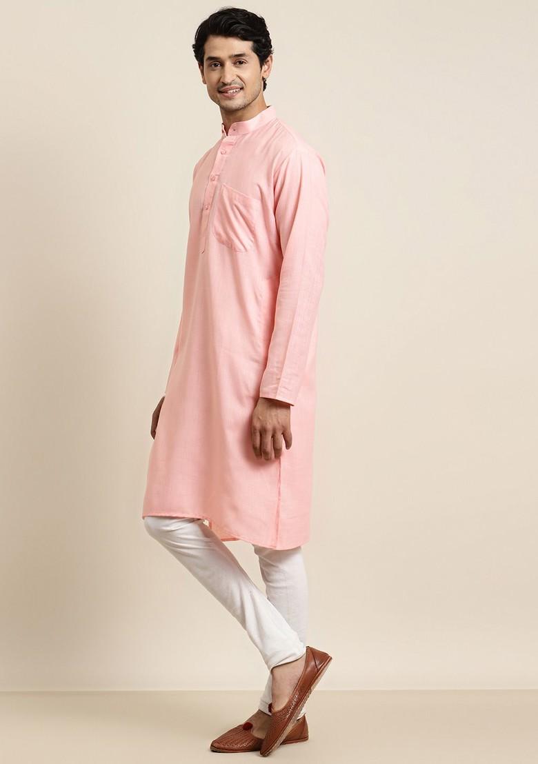 Pink Solid Poly Blend Kurta For Men
