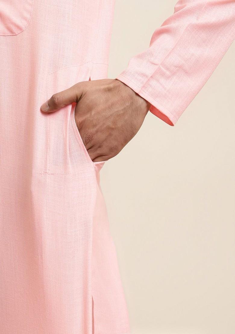 Pink Solid Poly Blend Kurta For Men