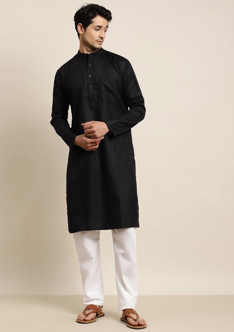 Black Solid Poly Blend Kurta For Men