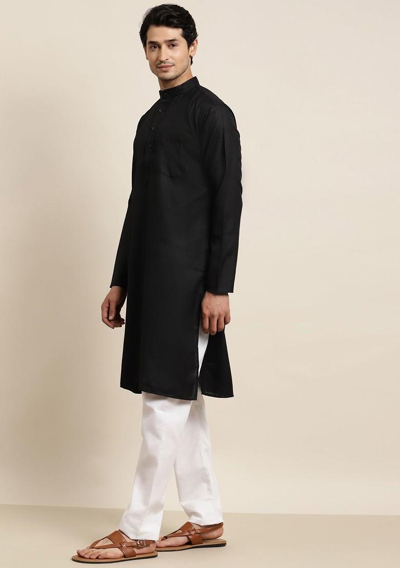 Black Solid Poly Blend Kurta For Men