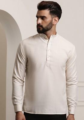 Cream Solid Poly Blend Kurta For Men