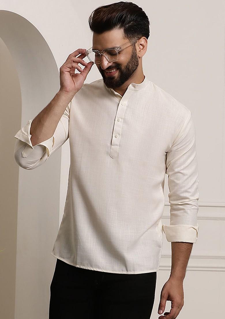 Cream Solid Poly Blend Kurta For Men
