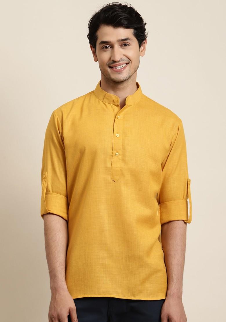 Mustard Solid Poly Blend Kurta For Men