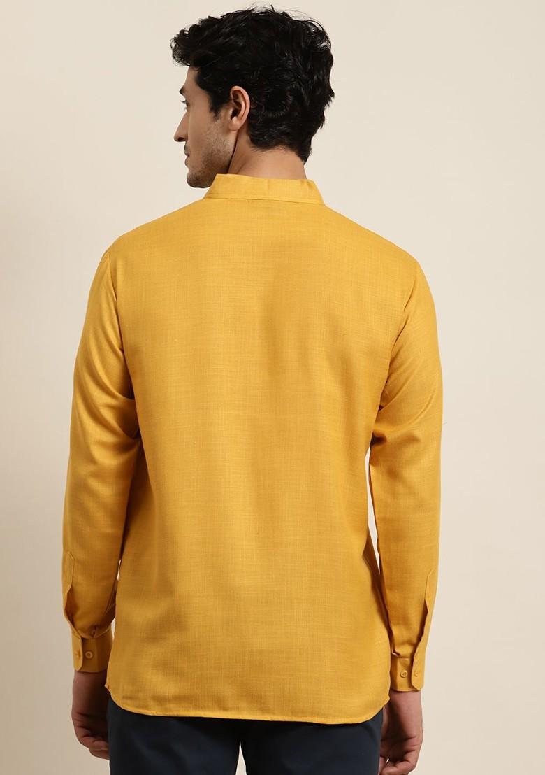 Mustard Solid Poly Blend Kurta For Men
