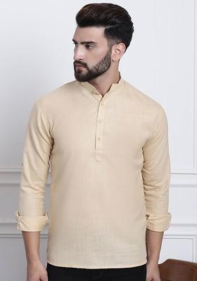 Beige Solid Poly Blend Kurta For Men
