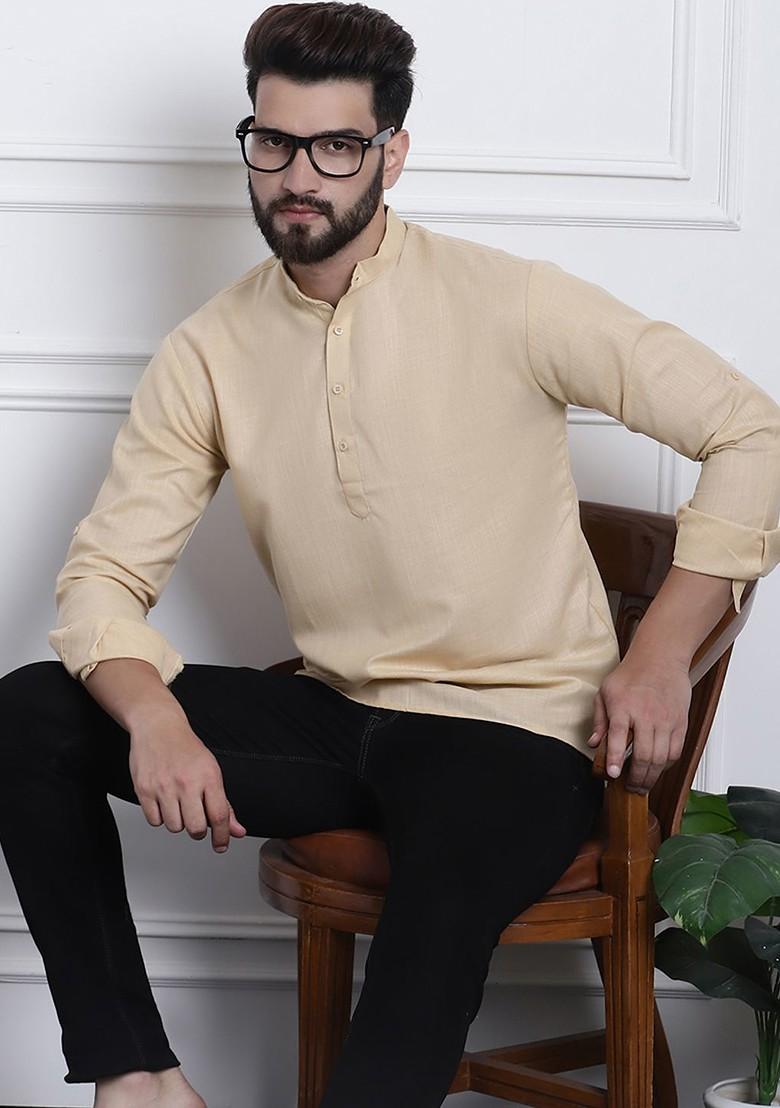 Beige Solid Poly Blend Kurta For Men