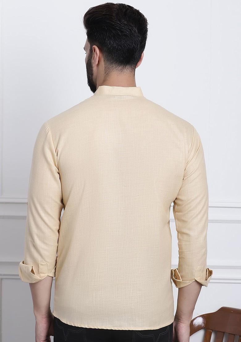 Beige Solid Poly Blend Kurta For Men