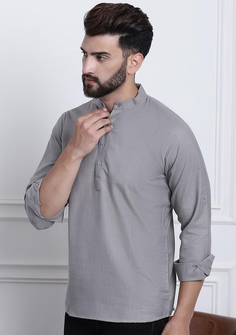 Grey Solid Poly Blend Kurta For Men