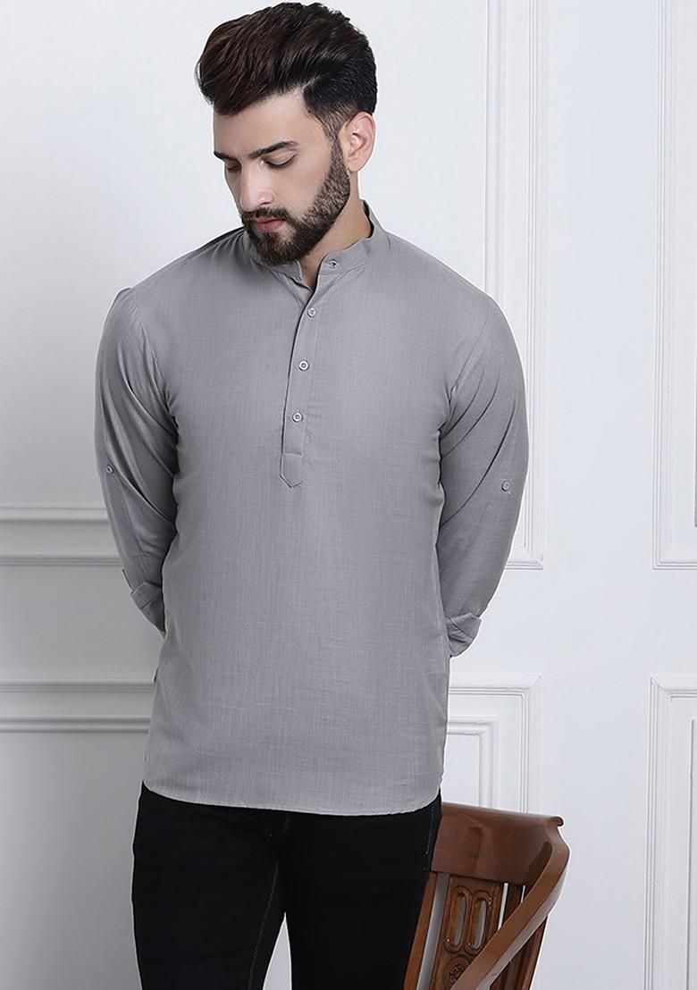 Grey Solid Poly Blend Kurta For Men