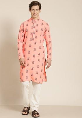 Peach Solid Cotton Kurta For Men