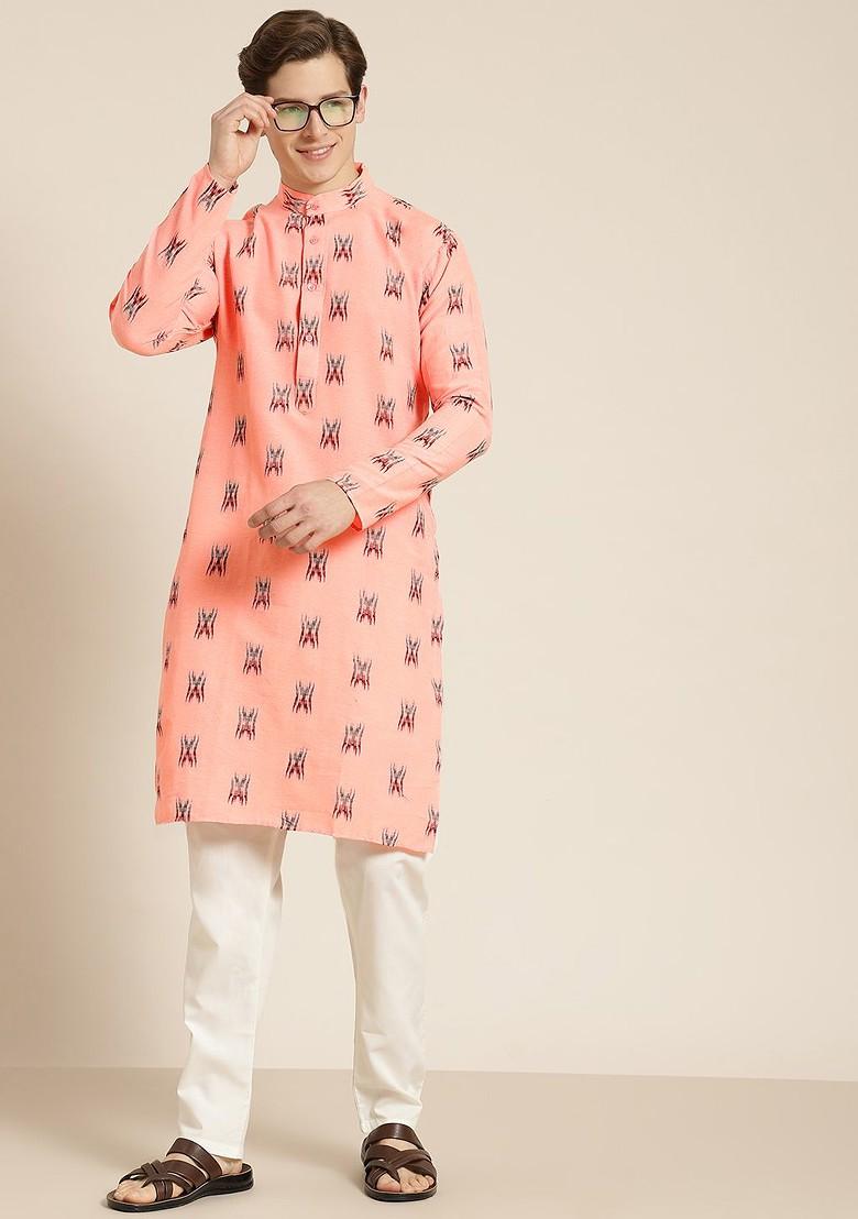 Peach Solid Cotton Kurta For Men