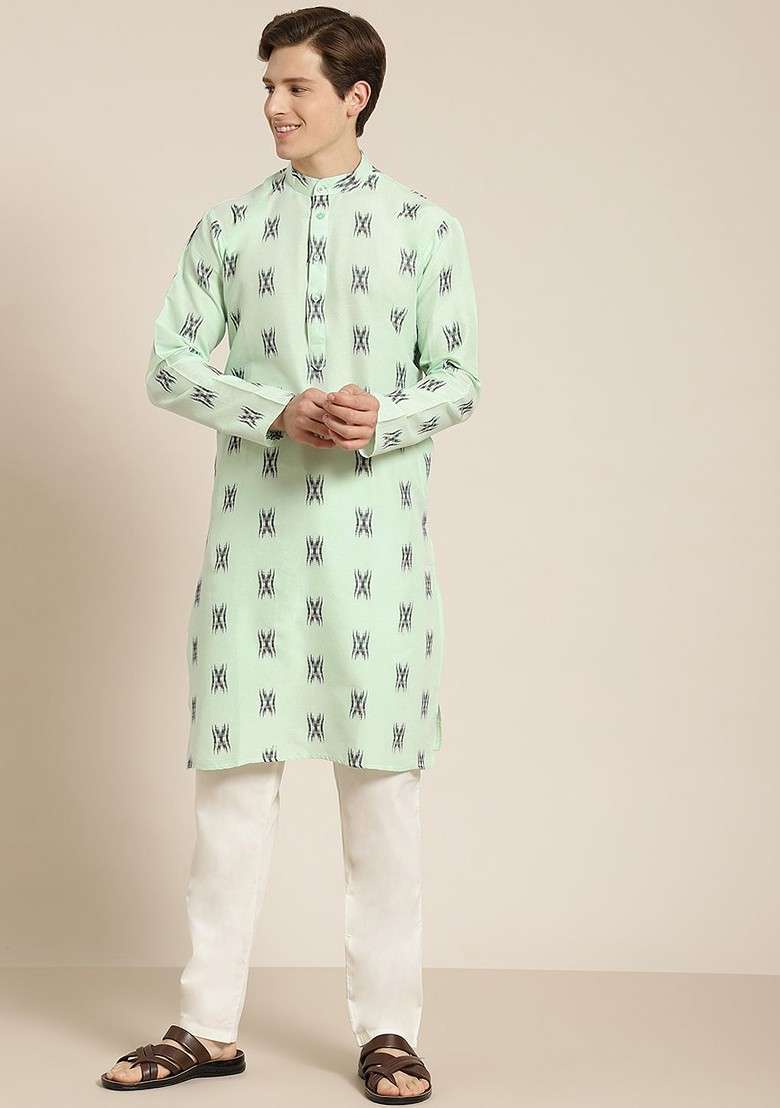 Green Solid Cotton Kurta For Men - Indya
