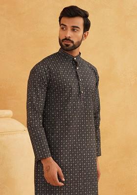 Black Printed Cotton Kurta For Men
