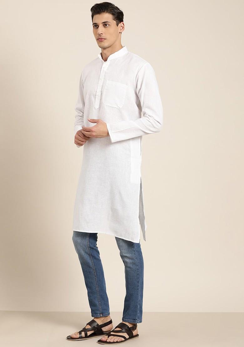 White Solid Poly Blend Kurta For Men