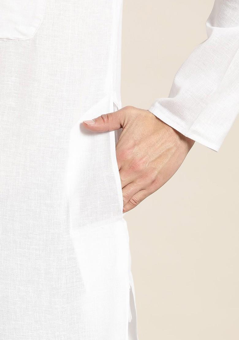 White Solid Poly Blend Kurta For Men