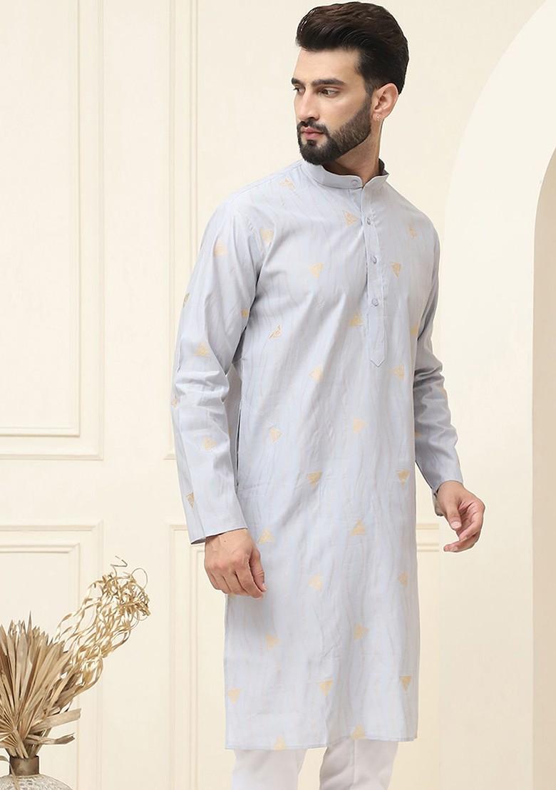 Grey Ethnic Motifs Poly Blend Kurta For Men
