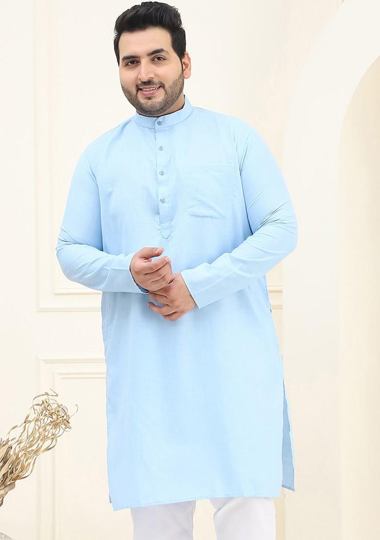 Blue Solid Cotton Kurta For Men