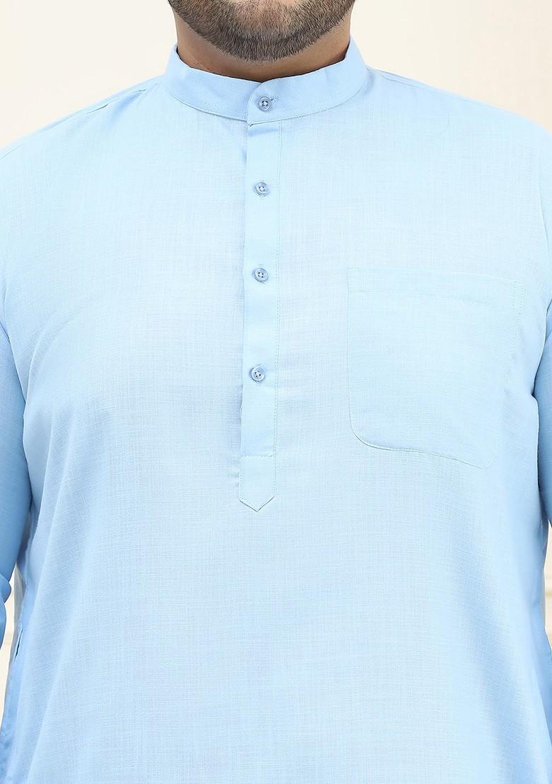 Blue Solid Cotton Kurta For Men