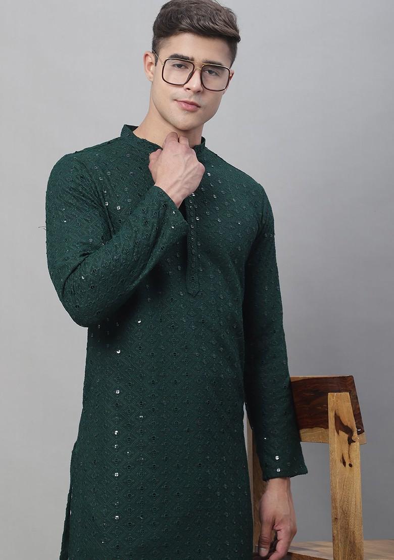 Green Embroidered Cotton Kurta For Men