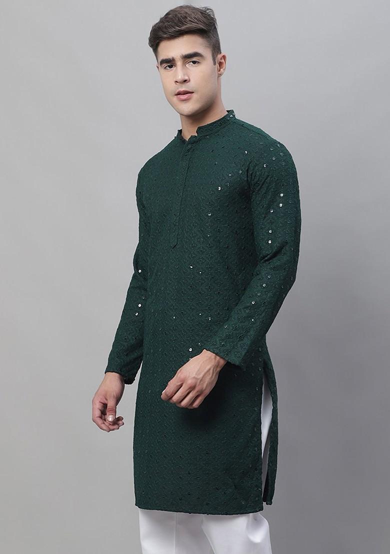 Green Embroidered Cotton Kurta For Men