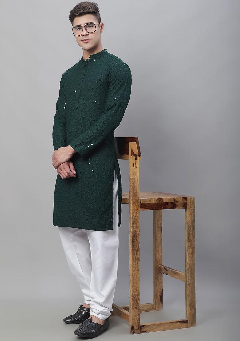 Green Embroidered Cotton Kurta For Men