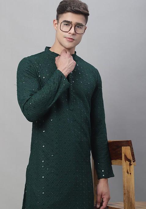 Green Embroidered Cotton Kurta For Men