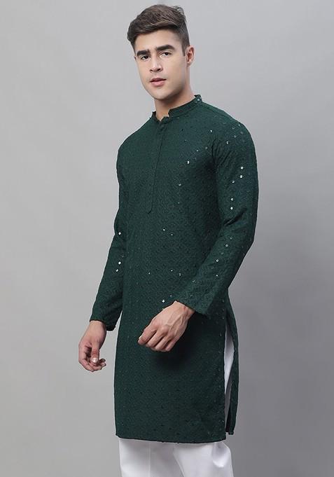 Green Embroidered Cotton Kurta For Men