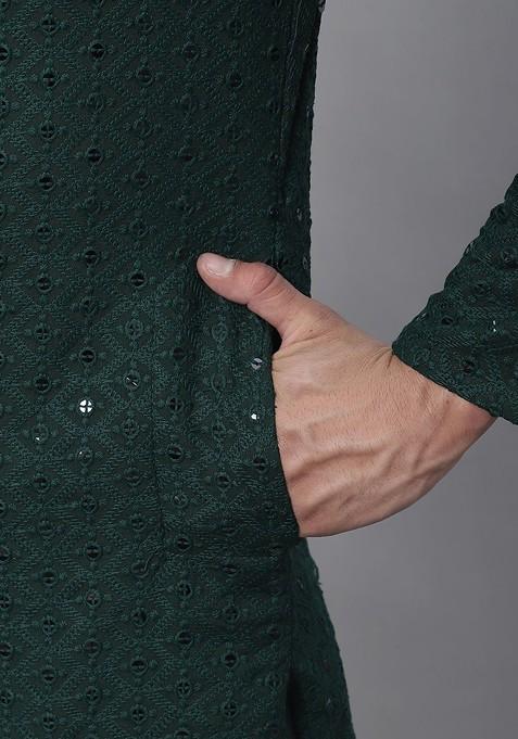 Green Embroidered Cotton Kurta For Men