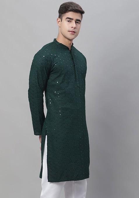 Green Embroidered Cotton Kurta For Men