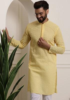 Yellow Thread Work Poly Blend Kurta For Men
